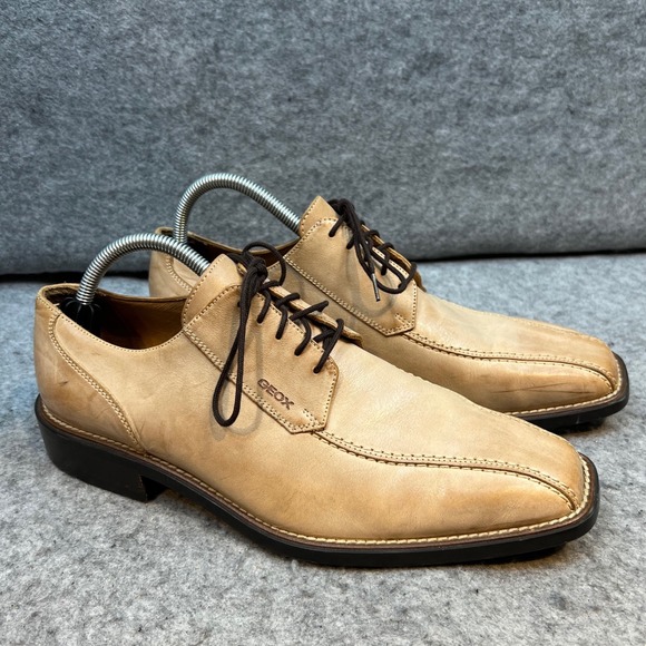 Geox Mens Leather Dress Shoes Lace Up Square Toe Oxfords Tan Size 43 US 9.5 - Picture 1 of 9